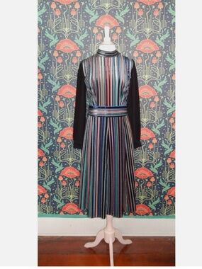 Nora Noh Colorful Striped Velvet Long Pleated Sleeve Fit Flare Dress 8